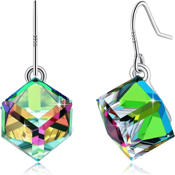 Jewelry - S925 Sterling Silver Cube Earrings Crystals for Women with Exquisite Unique Gift